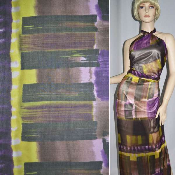 Шовк жовто-бузковий з коричнево-фіолетовими прямокутниками, ш.134