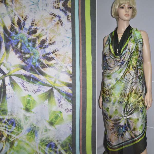 Шовк молочний в салатовий малюнок, чорна облямівка з кольоровими смужками 2-ст. купон ш.137