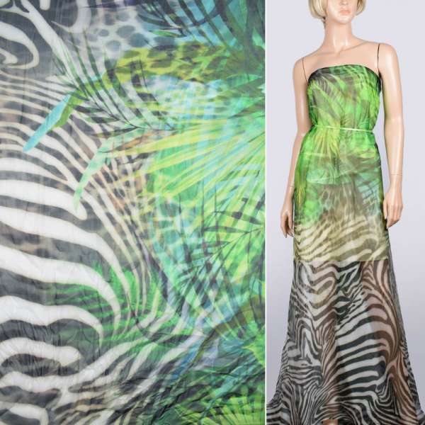 Шовк молочний "зебра", 1-ст. купон в зелене листя ш.137