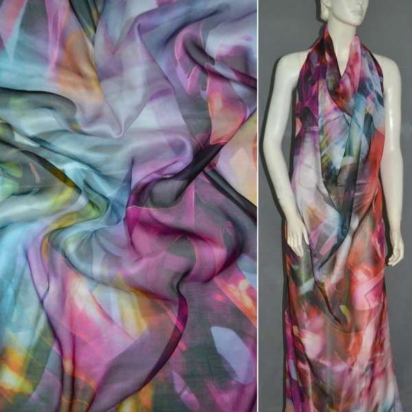 Шовк бузково-червоний в чорно-блакитний абстрактний малюнок (принт) ш.135