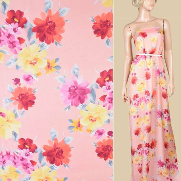 Шовк рожево-персиковий з жовто-червоними квітами ш.135