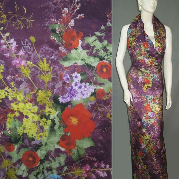 Шовк бузковий з червоними маками ш.133