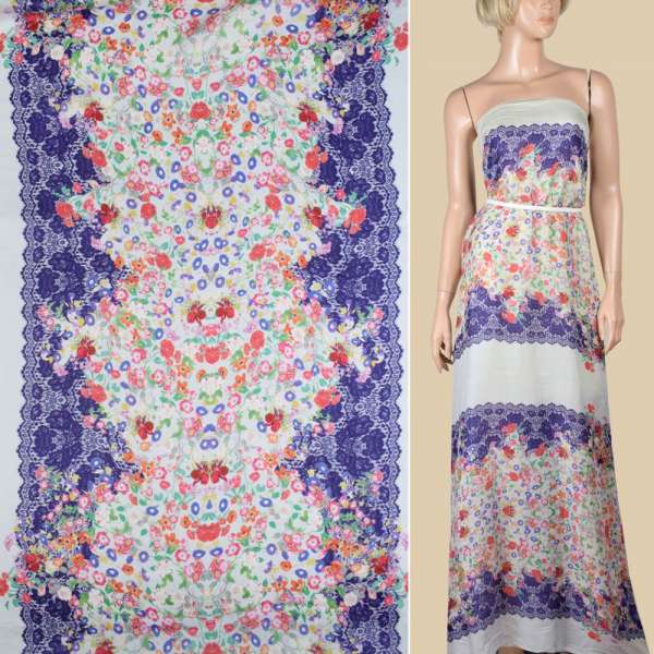 Шовк молочний з 2-ст. фіолетовим купоном з різнокольоровими квітами ш.135