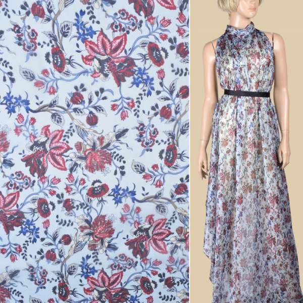 Шелк голубой с бордовыми цветами ш.133