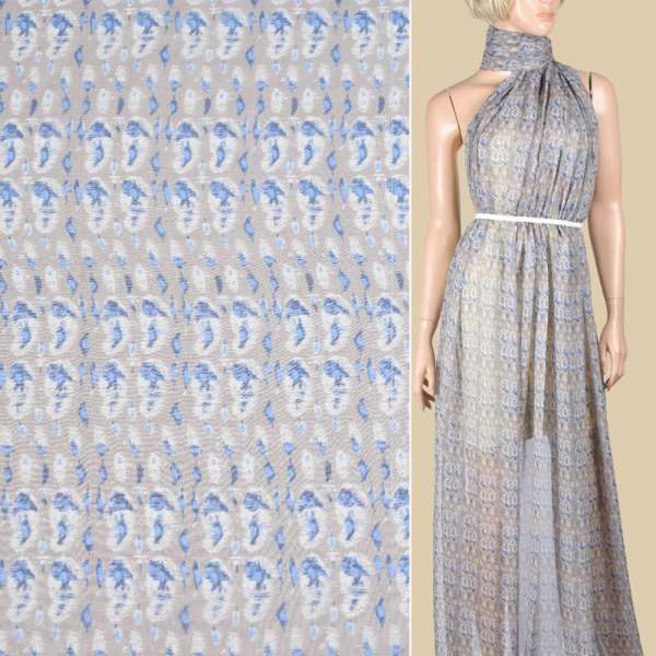 Шовк коричневий світлий з молочно-синьої абстракцією ш.136