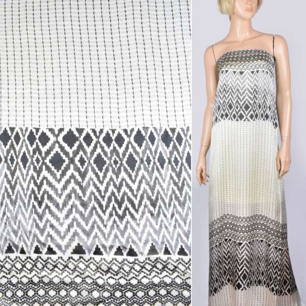 Шелк молочный с черным геометрическим рисунком рапорт ш.134