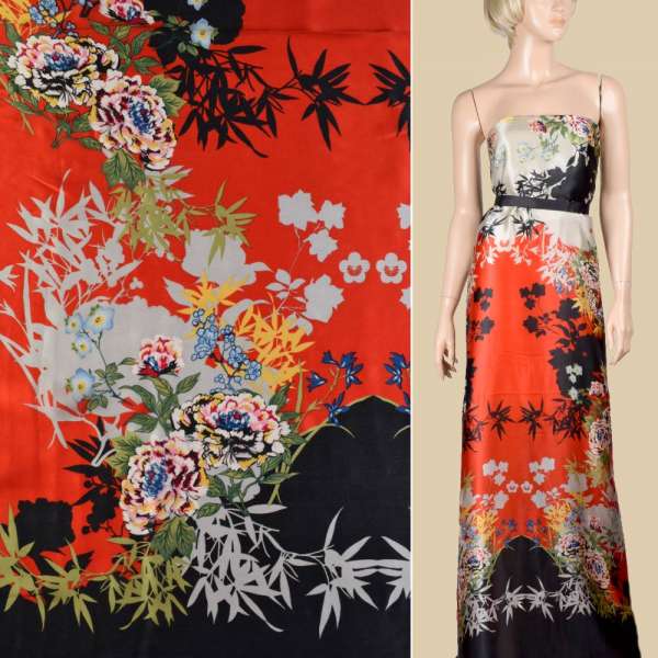 Шелк красно-серый с черно-желтыми цветами ш.133