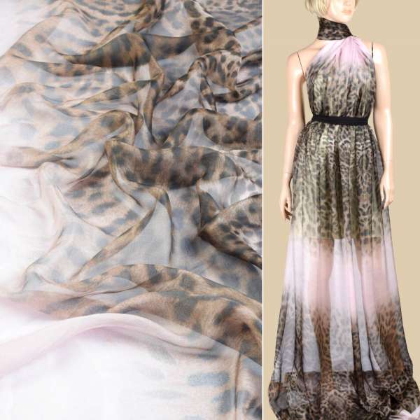 Шовк молочно-рожевий з коричневим принтом "леопард" ш.140