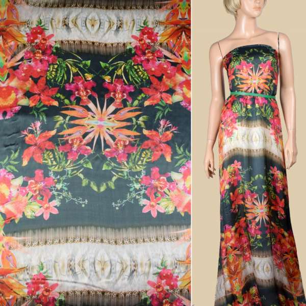 Шелк черный с красно-оранжевыми цветами ш.138