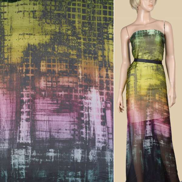 Шелк черно-зеленый с вишневым абстрактным рисунком ш.140