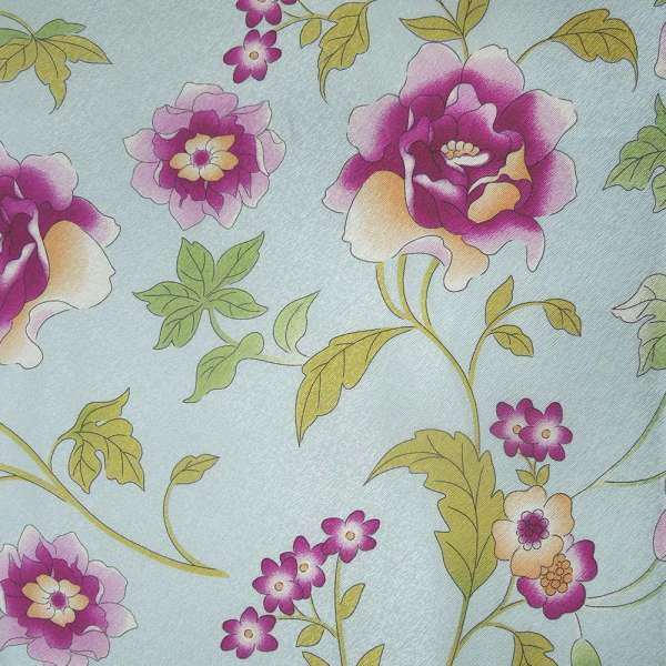 Шелк бледно-голубой с бордовыми цветами