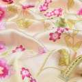 Шелк кремовый с оранжево-бордовыми цветами