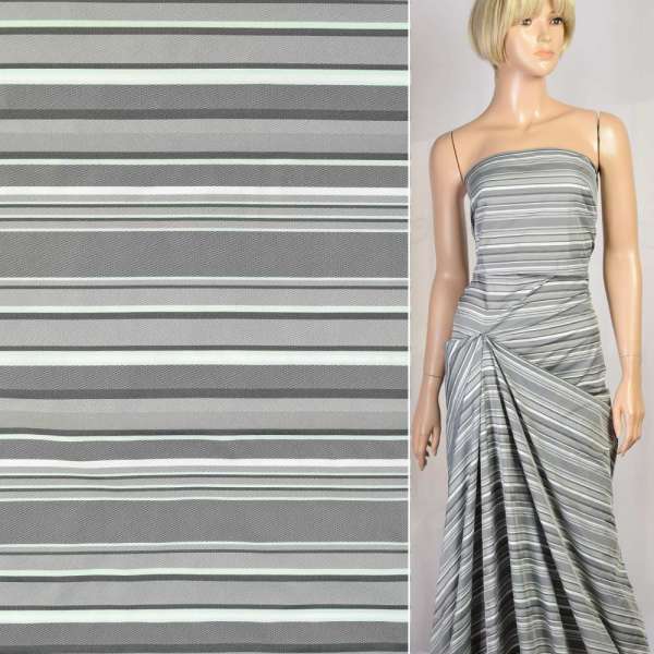 Шелк искусственный серый в серую, молочную, мятную полоску, ш.145