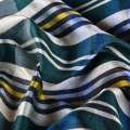 Шелк зеленый в молочно-желто-голубую полоску