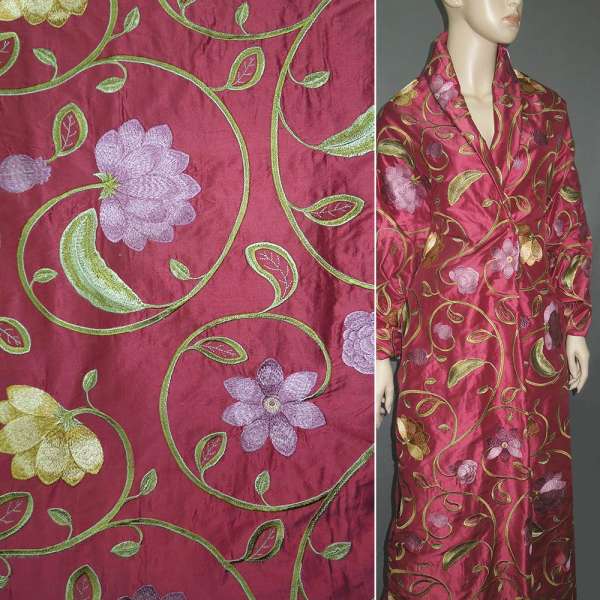 Шелк вишневый с вышитыми цветами ш.160