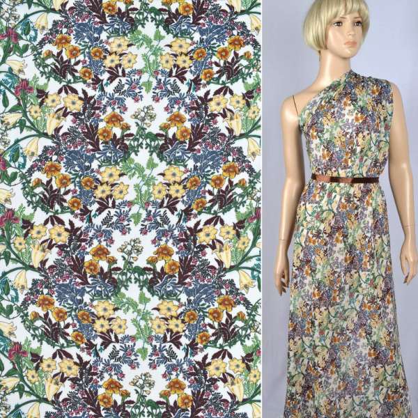 Шовк з віскозою молочний в синьо-жовто-бордово-зелений рослинний візерунок ш.135