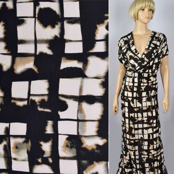 Шовк з віскозою атласний чорний в жовто-білі квадрати ш.130