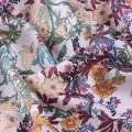 Шовк з віскозою молочний в жовто-бордово-зелений рослинний візерунок ш.134