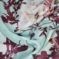 Шелк бледно-бирюзовый с бордово-красными цветами ш.135
