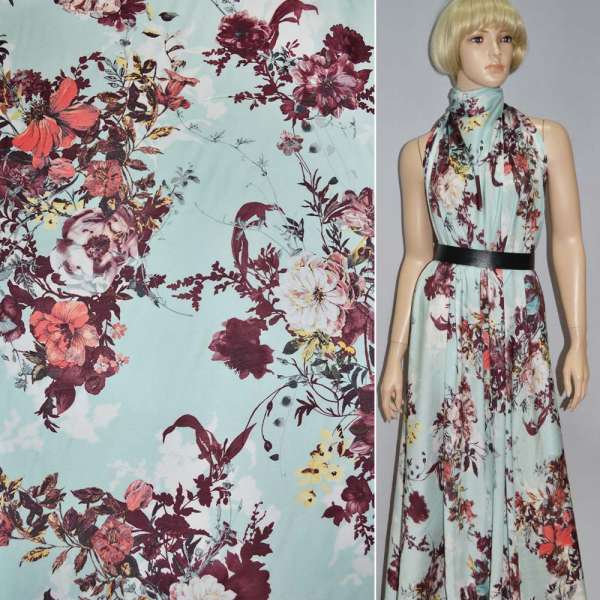 Шелк бледно-бирюзовый с бордово-красными цветами ш.135