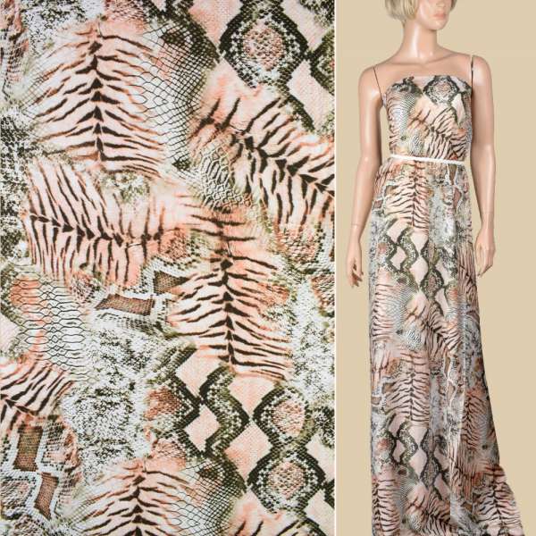 Шовк молочно-персиковий, зелений принт рептилія ш.132