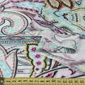 Шовк молочно-бірюзовий з салатово-бузковими "огірками" ш.135