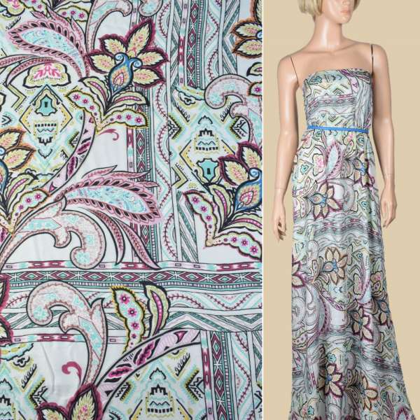 Шовк молочно-бірюзовий з салатово-бузковими "огірками" ш.135