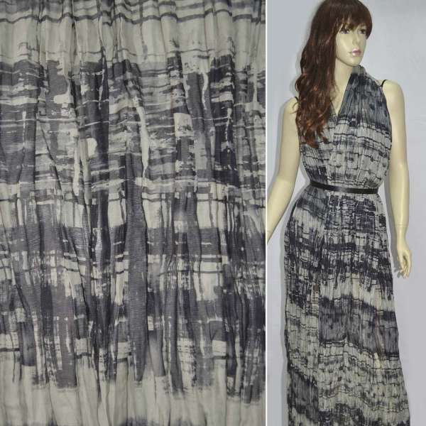 Шовк сірий світлий в чорні смужки і квадрати ш.138