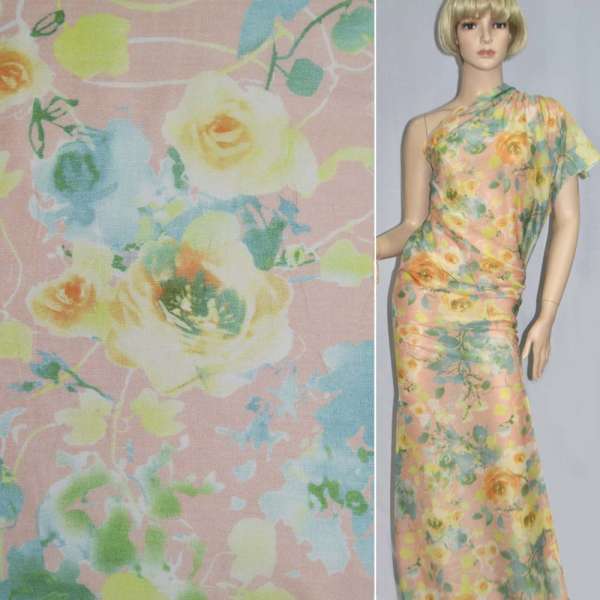 Шовк лимонний з жовто-помаранчевими трояндами ш.137