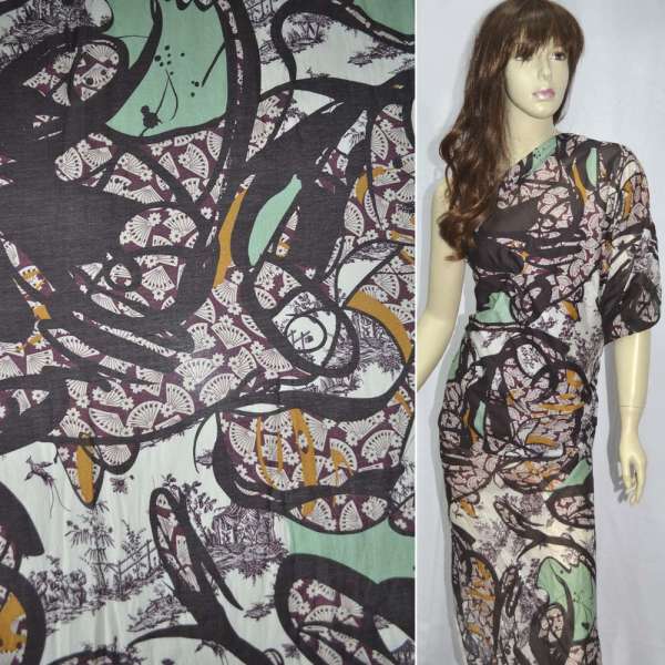 Шовк коричнево-білий з бордово-зеленим абстрактним малюнком ш.137