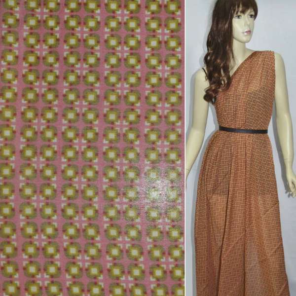 Шовк рожевий з гірчичним квадратами ш.137