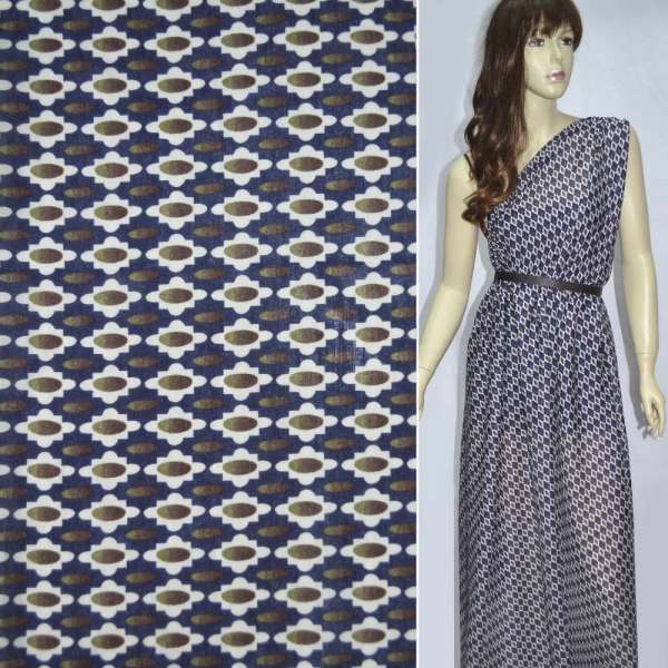 Шовк синій в біло-коричневі овали ш.137