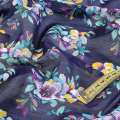 Шовк синій з молочно-бузковими квітами ш.137