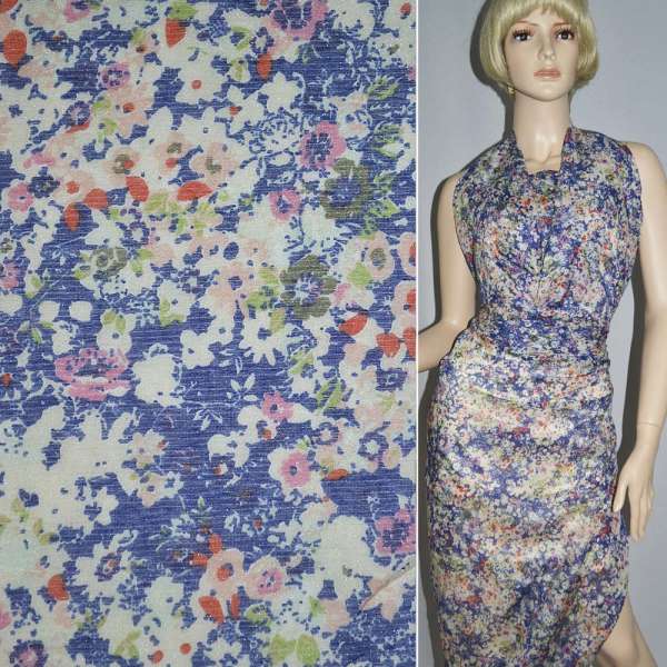 Шелк синий светлый в молочно-красные цветы ш.140