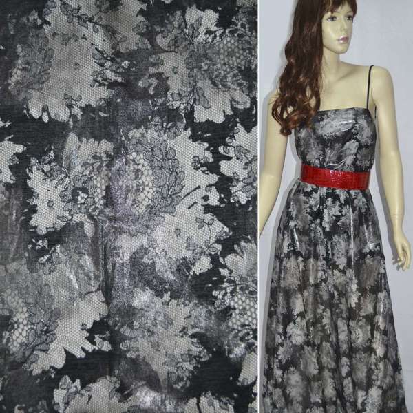 Шелк черный с белым принтом гипюр и напылением ш.137