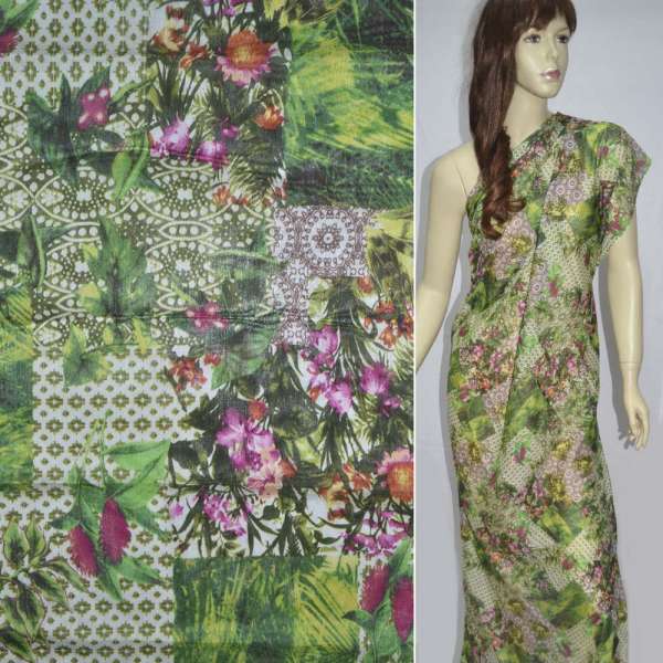 Шовк молочно-зелений з малиновими квітами ш.137