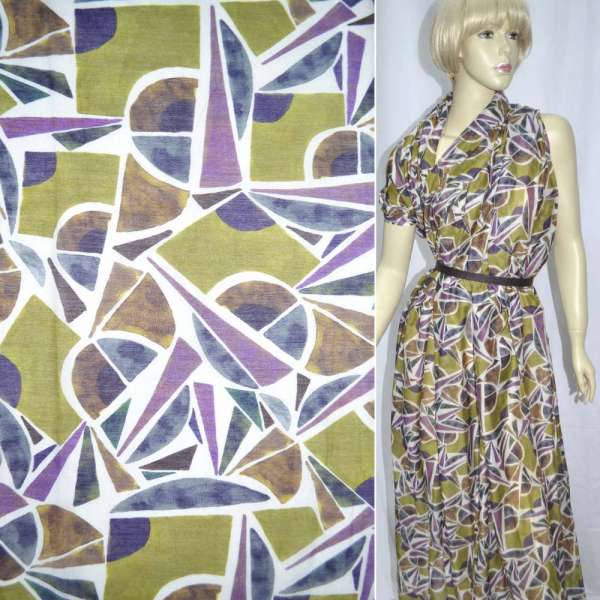 Шовк молочний з зелено-фіолетовим геометричним малюнком ш.137