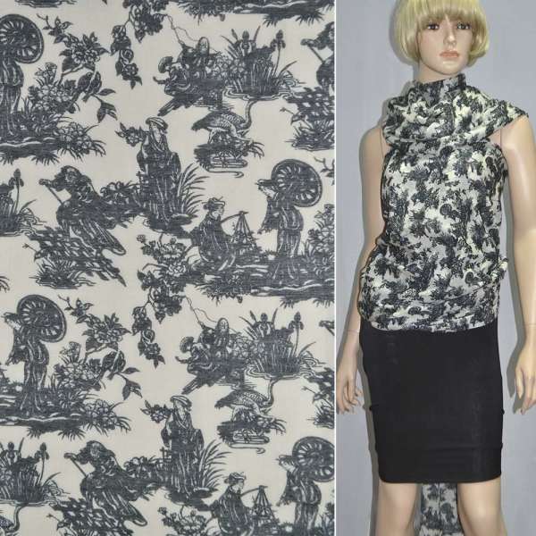 Шелк кремовый с черным рисунком "сказка" ш.137