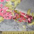 Шелк серый светлый с малиновыми цветами и зелеными листьями ш.138