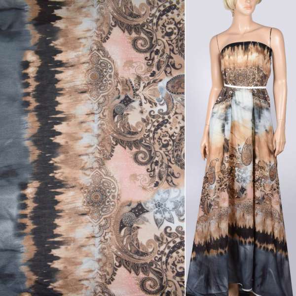 Шелк серо-бежевый с коричневыми "огурцами" ш.138