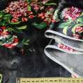 Шелк черный с молочно-красными цветами ш.142
