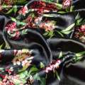 Шелк черный с молочно-красными цветами ш.142