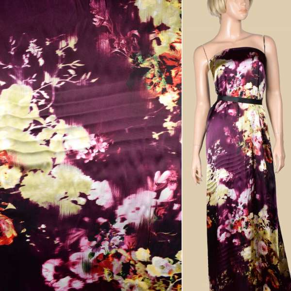 Шовк чорно-вишневий з кремовими квітами ш.134