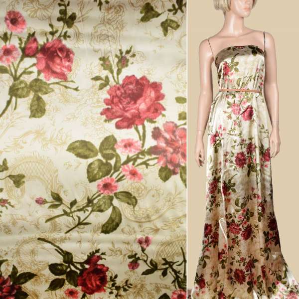 Шелк песочный с бордовыми цветами и огурцами ш.140