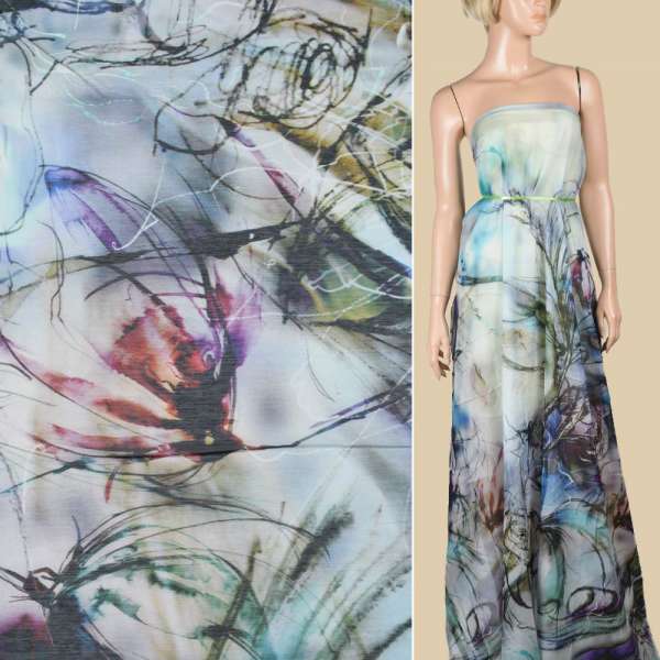 Шовк молочно-сірий з зелено-чорним абстрактним малюнком ш.137