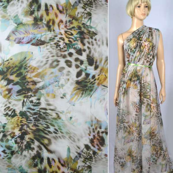 Шовк-батист сіро-бежевий з бузково-коричнево-зеленим принтом ш.139