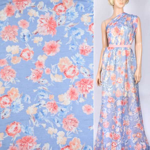 Шелк сине-голубой с молочно-персиковыми цветами ш.140