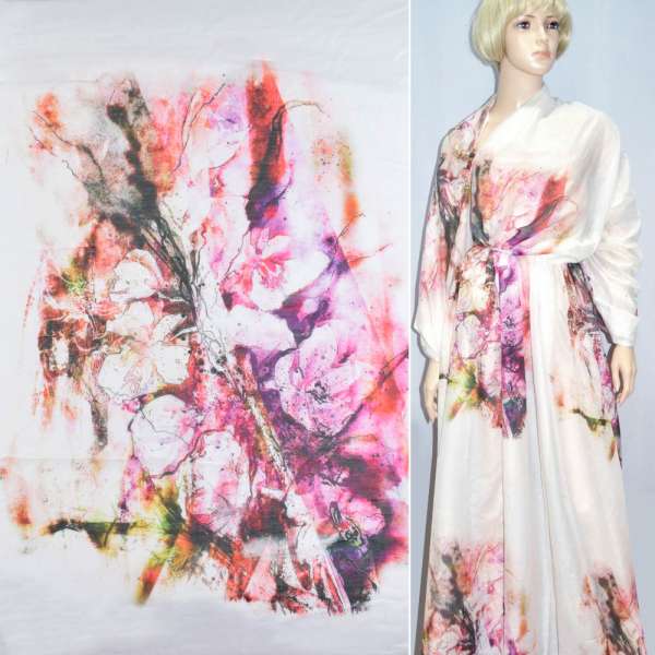 Шовк молочний з рожево-бордовою абстракцією рапорт ш.135