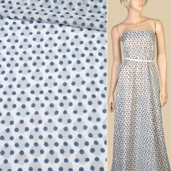 Шелк с хлопком белый в серые монеты и синий горох ш.135