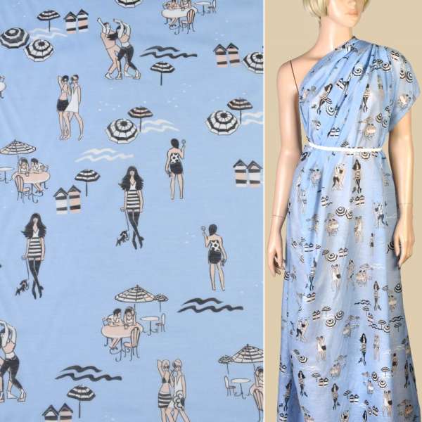 Шовк з бавовною блакитний, пляж, парасольки, ш.140